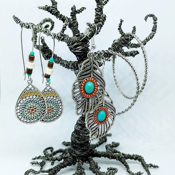 SALE! 3 PAIRS BOHO EARRINGS, Silvery, Faux Turquoise BLUE BUNNY'S BOHO BAUBLES - Picture 1 of 9